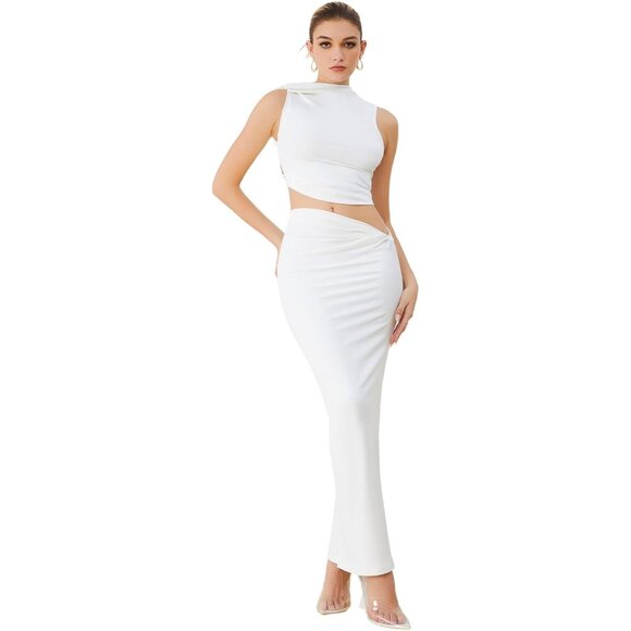 Women's Two Piece Set Cotton Slim Fit Crop Top Maxi Skirt Casual Outfits - Picture 2 of 6